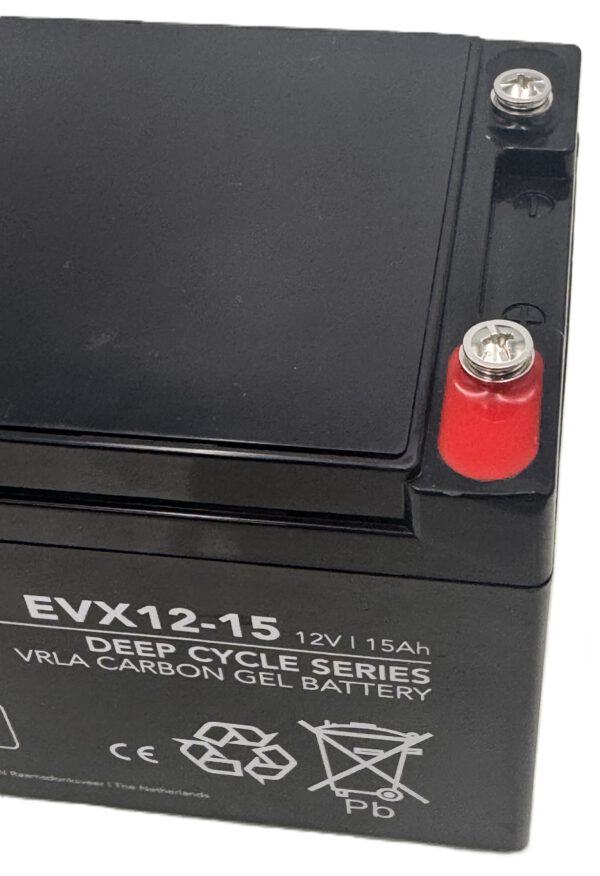 Der obere Teil einer Landport Gel-Batterie des Typs EVX12-15 ist zu sehen. Das Gehäuse ist schwarz, die Batterie hat eine rechteckige Form. Auf der Oberseite befinden sich zwei Anschlussklemmen, eine davon ist mit einer roten Kunststoffabdeckung versehen. Die weiße Beschriftung auf der Vorderseite nennt den Typ, die Spannung von 12 Volt und die Kapazität von 15 Amperestunden. Weitere technische Angaben und Warnsymbole sind ebenfalls aufgedruckt.