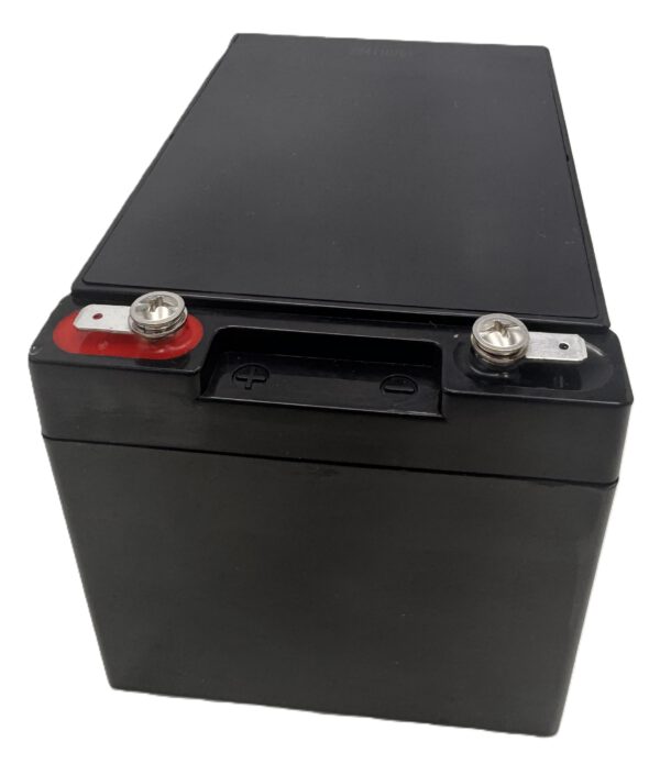Rechteckige Gel-Batterie der Marke Landport mit einer Kapazität von 100 Ah und einer Spannung von 12 V. Die Batterie besitzt ein schwarzes Gehäuse mit zwei Metallpolen auf der Oberseite, wobei der linke Pol mit einer roten Markierung versehen ist. Die Oberseite ist glatt und ohne sichtbare Beschriftung.