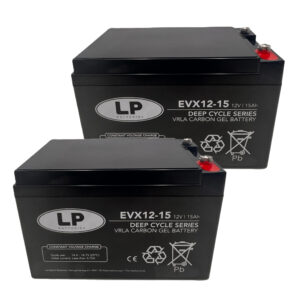 EVX12-15 2 Stück Zwei rechteckige 12-V-Gel-Batterien der Marke Landport mit einer Kapazität von 15 Ah stehen nebeneinander. Beide Batterien sind schwarz und tragen auf der Vorderseite weiße Aufschrift mit technischen Angaben, darunter die Modellbezeichnung 'EVX12-15', die Spannung und Kapazität sowie das Landport-Logo. Auf der Oberseite sind jeweils zwei Anschlussklemmen sichtbar, eine rot und eine silbern. Die Batterien sind für den Einsatz als Deep-Cycle-Batterien ausgelegt.