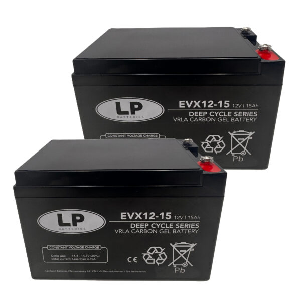 Zwei rechteckige 12-V-Gel-Batterien der Marke Landport mit einer Kapazität von 15 Ah stehen nebeneinander. Beide Batterien sind schwarz und tragen auf der Vorderseite weiße Aufschrift mit technischen Angaben, darunter die Modellbezeichnung 'EVX12-15', die Spannung und Kapazität sowie das Landport-Logo. Auf der Oberseite sind jeweils zwei Anschlussklemmen sichtbar, eine rot und eine silbern. Die Batterien sind für den Einsatz als Deep-Cycle-Batterien ausgelegt.