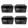 EVX12-15 4 Stück Vier identische, quaderförmige 12-Volt-Gel-Batterien der Marke Landport stehen nebeneinander. Jede Batterie trägt die Modellbezeichnung 'EVX12-15' und die Kapazitätsangabe '15Ah' auf der Vorderseite. Die Gehäuse sind schwarz, die Aufdrucke weiß. Auf jeder Batterie sind technische Symbole, Warnhinweise und Produktinformationen klar lesbar. Die Pole und Anschlüsse befinden sich oben rechts auf jeder Batterie.