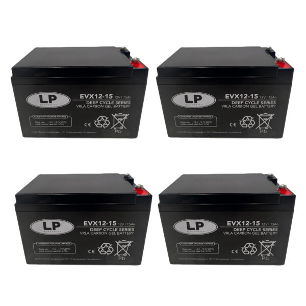 EVX12-15 4 Stück Vier identische, quaderförmige 12-Volt-Gel-Batterien der Marke Landport stehen nebeneinander. Jede Batterie trägt die Modellbezeichnung 'EVX12-15' und die Kapazitätsangabe '15Ah' auf der Vorderseite. Die Gehäuse sind schwarz, die Aufdrucke weiß. Auf jeder Batterie sind technische Symbole, Warnhinweise und Produktinformationen klar lesbar. Die Pole und Anschlüsse befinden sich oben rechts auf jeder Batterie.