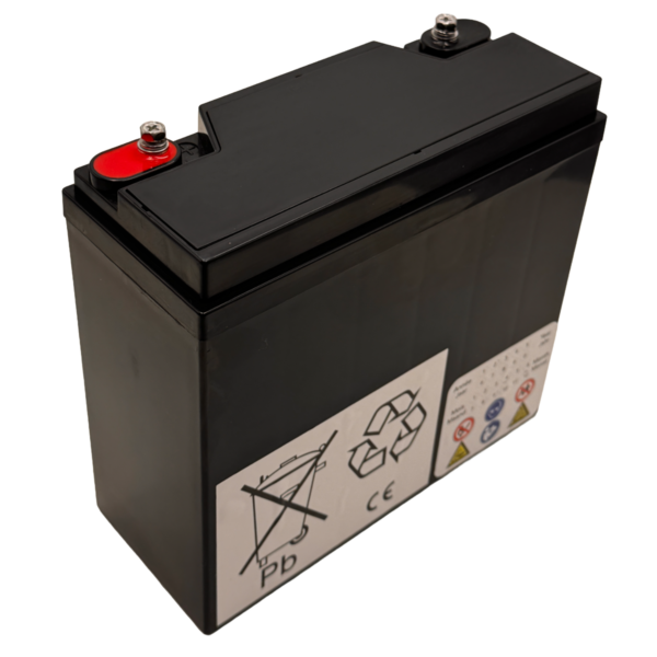 Rechteckiger Landport EVX 12V 25Ah Akku mit schwarzem Gehäuse und zwei unterschiedlich gefärbten Polen auf der Oberseite. Auf der Vorderseite befinden sich mehrere Piktogramme, darunter ein durchgestrichener Mülleimer, ein Recycling-Symbol, ein Warnhinweis und weitere technische Kennzeichnungen. Die Oberfläche ist glatt und die Kanten sind klar definiert.