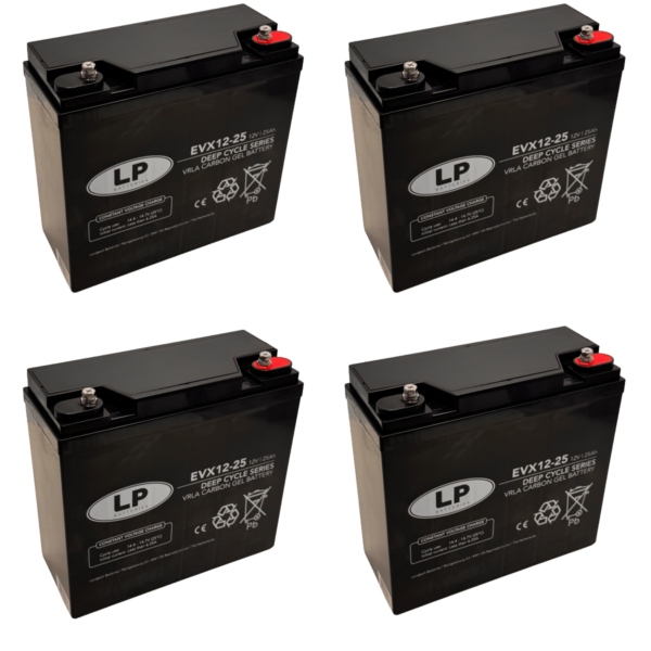 Vier identische, quaderförmige Batterien mit schwarzem Gehäuse und abgerundeten Kanten stehen in einem Rastermuster. Jede Batterie trägt ein ovales, silberfarbenes Etikett mit der Aufschrift 'LP' sowie weitere technische Angaben und Symbole. Die Pole sind oben angebracht, wobei jeweils ein roter und ein schwarzer Anschluss sichtbar sind. Die Batterien stehen aufrecht und sind gleichmäßig angeordnet.