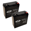 Zwei rechteckige, schwarze Batterien mit flachen Oberflächen stehen nebeneinander. Auf der Vorderseite befindet sich ein weißes Etikett mit technischen Angaben und einem kreisförmigen Logo. Die Oberseite jeder Batterie zeigt zwei unterschiedlich gefärbte Anschlussklemmen, eine rot und eine schwarz. Die Gehäuse wirken robust und sind für den stationären Einsatz ausgelegt.