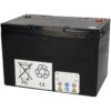Rechteckige Landport-Batterie mit schwarzem Gehäuse und flachem Deckel. Auf der Rückseite befindet sich ein großes, weißes Etikett mit Symbolen: durchgestrichene Mülltonne, Recyclingzeichen, Pb für Blei, CE-Kennzeichnung sowie mehrere Warn- und Sicherheitspiktogramme. Zwei unterschiedlich gefärbte Metallpole sind auf der Oberseite sichtbar. Die Batterie ist für 12 Volt und 76 Amperestunden ausgelegt.