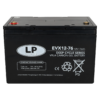 Rechteckige Autobatterie der Marke Landport mit schwarzem Gehäuse und weißer Beschriftung. Auf der Vorderseite steht die Modellbezeichnung 'EVX12-76', die Spannung '12V' und die Kapazität '76Ah'. Die Batterie gehört zur Deep Cycle Series und ist als VRLA Carbon Gel Battery gekennzeichnet. Oben befinden sich zwei unterschiedlich farbige Pole. Unten ist die Adresse des Herstellers angegeben.