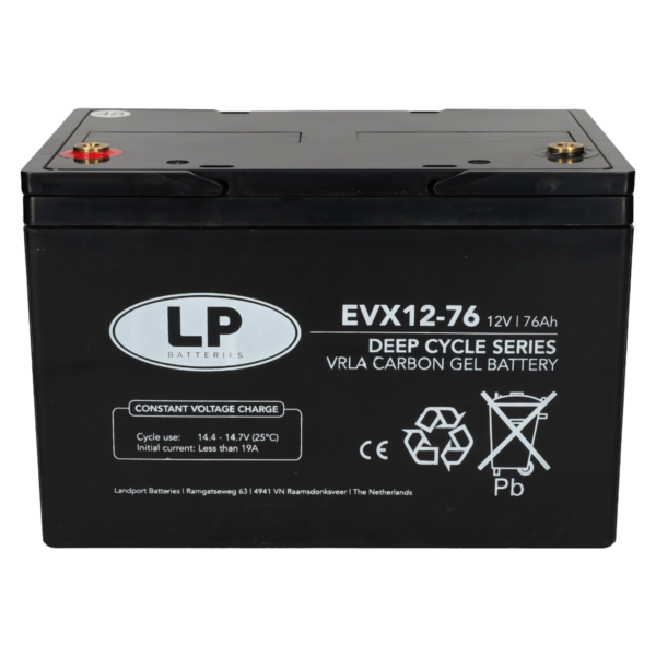 Rechteckige Autobatterie der Marke Landport mit schwarzem Gehäuse und weißer Beschriftung. Auf der Vorderseite steht die Modellbezeichnung 'EVX12-76', die Spannung '12V' und die Kapazität '76Ah'. Die Batterie gehört zur Deep Cycle Series und ist als VRLA Carbon Gel Battery gekennzeichnet. Oben befinden sich zwei unterschiedlich farbige Pole. Unten ist die Adresse des Herstellers angegeben.